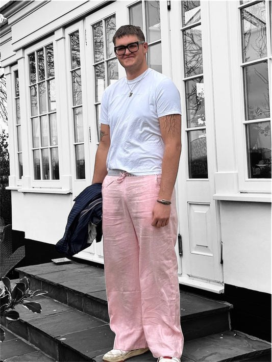 100%linen pink trousers with trademark stripe waistband