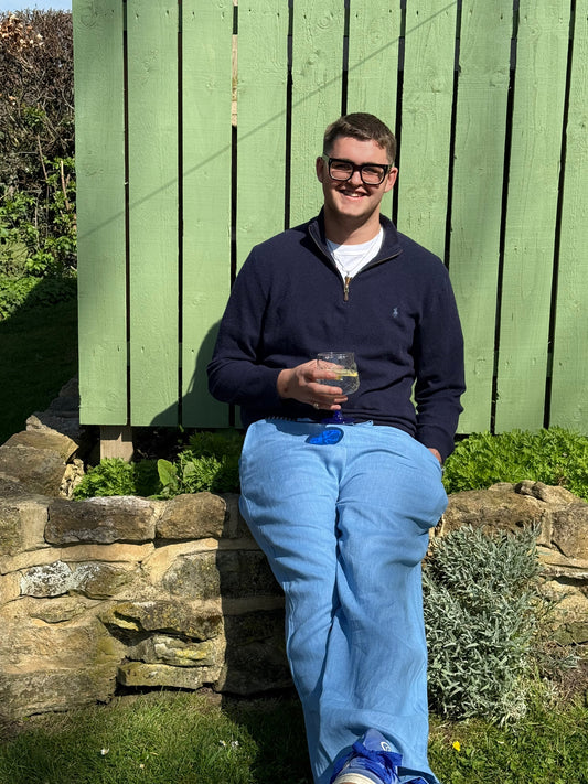 Cornflower blue 100%linen trousers with trademark stripes waistband