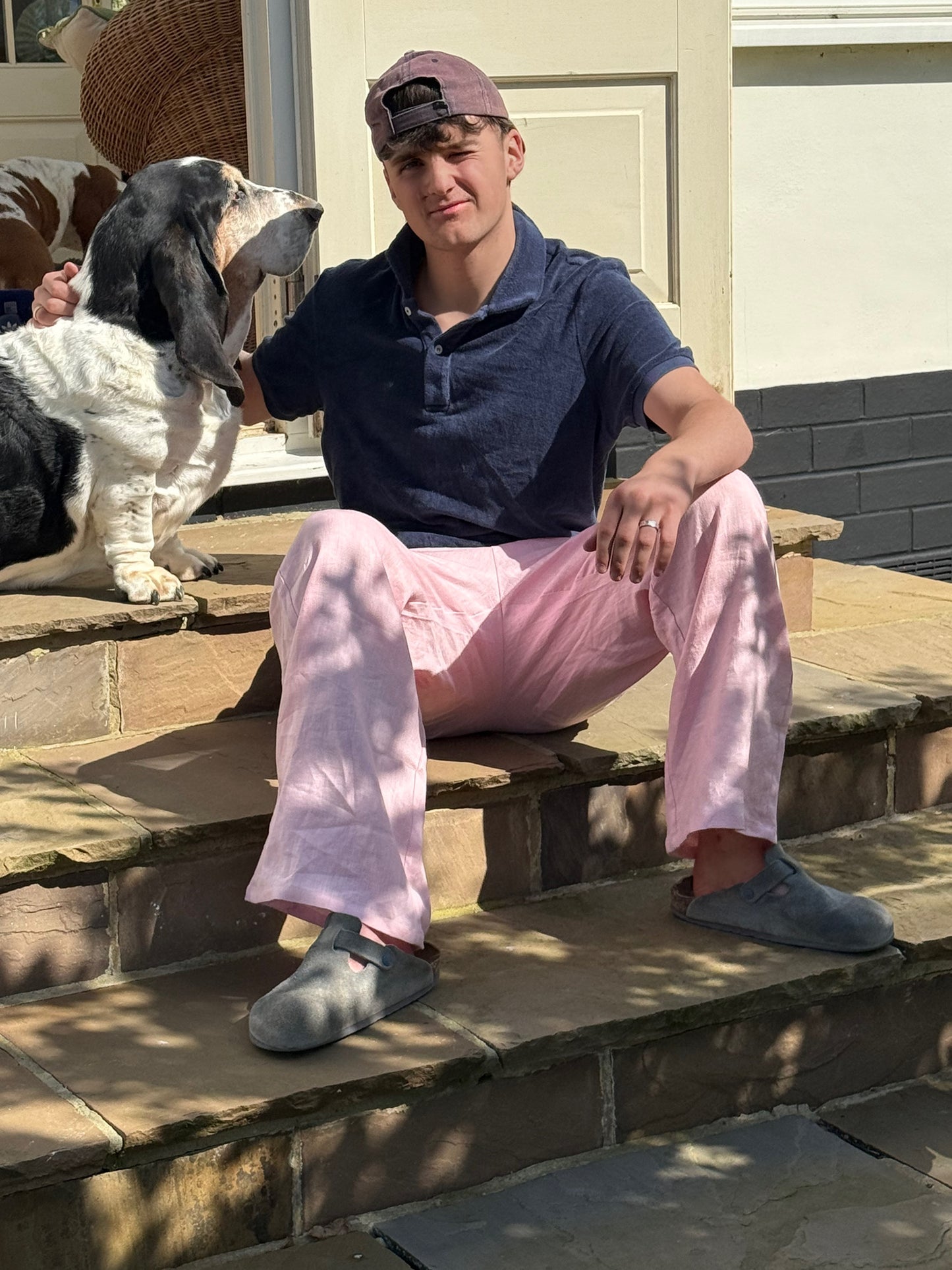 100%linen pink trousers with trademark stripe waistband
