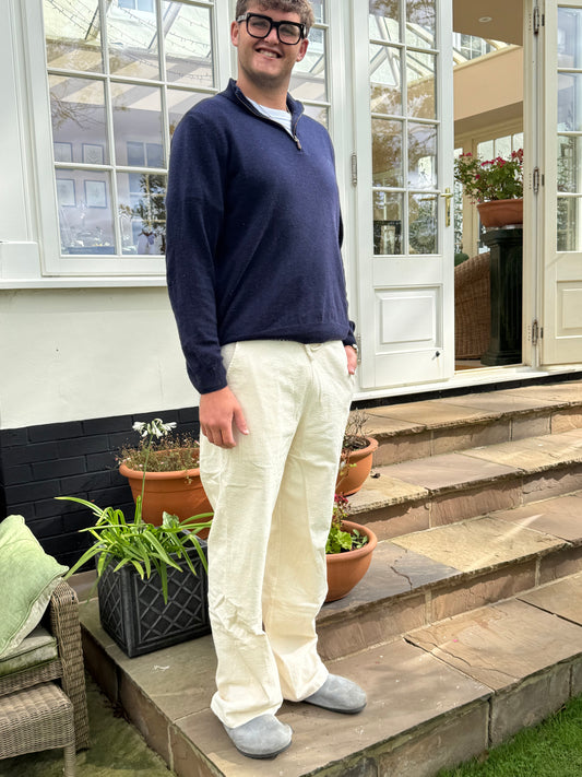 Cream jumbo cords with trademark stripe waistband