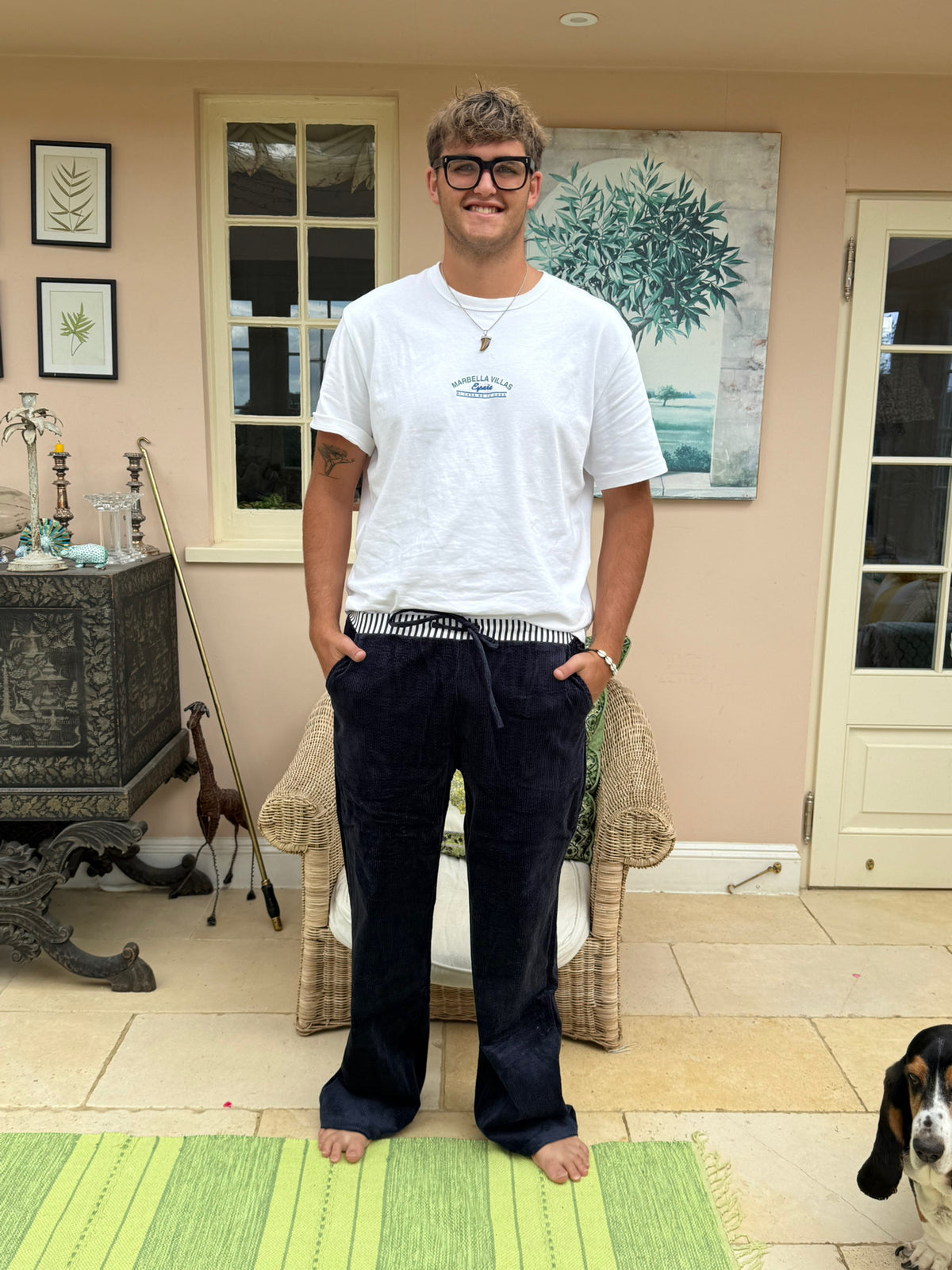 Navy cords with stripe waistband