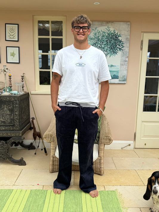 Navy cords with stripe waistband