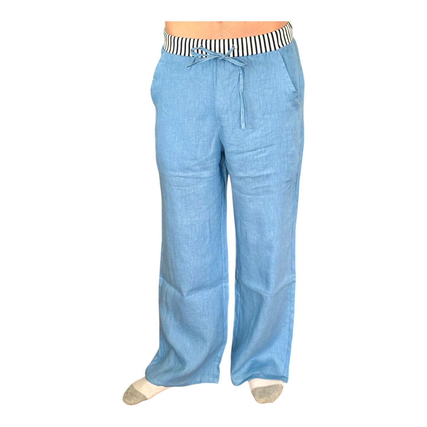 Cornflower blue 100%linen trousers with trademark stripes waistband