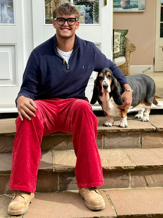 Red cords with trademark stripe waistband