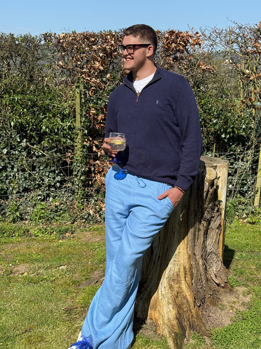 Cornflower blue 100%linen trousers with trademark stripes waistband