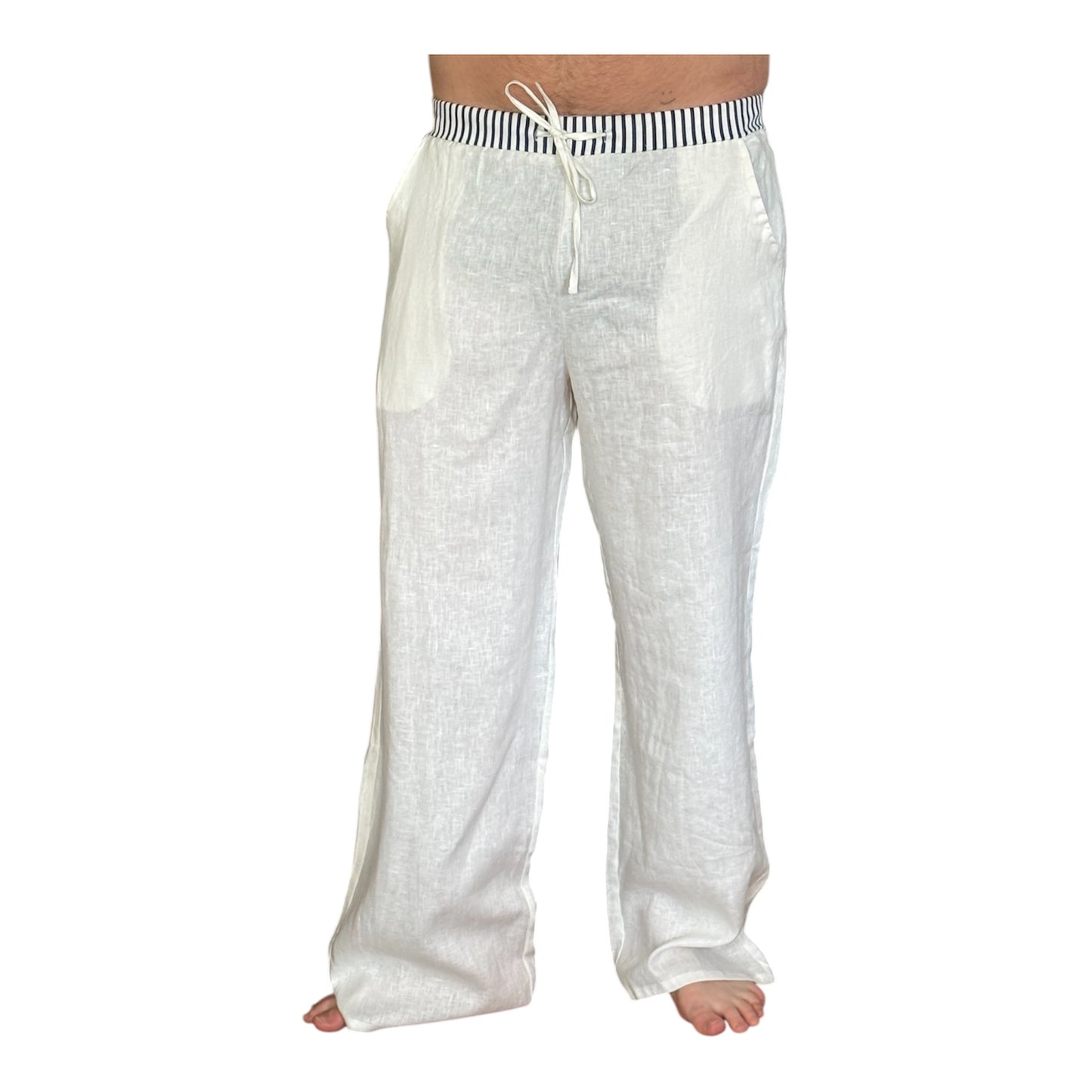 White 100% linen loose trousers with our trademark stripe waistband